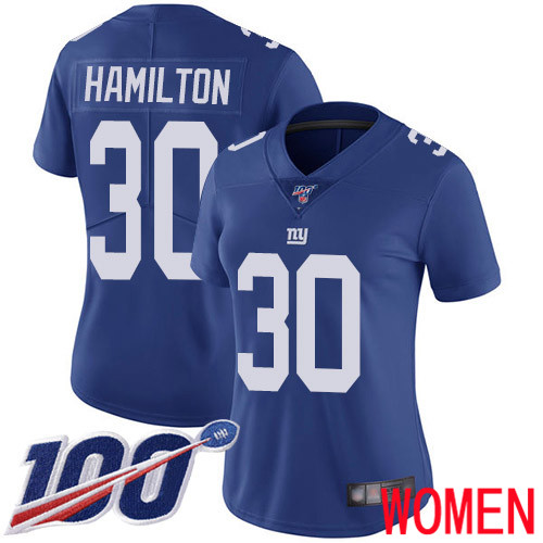 Women New York Giants 30 Antonio Hamilton Royal Blue Team Color Vapor Untouchable Limited Player 100th Season Football NFL Jersey